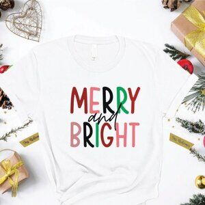 Merry  Bright Christmas Retro Graphic T-Shirt Holiday Lights Party Tee 24